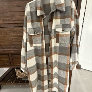 Plaid Button-Up Jacket - Gray, Brown, and Cream